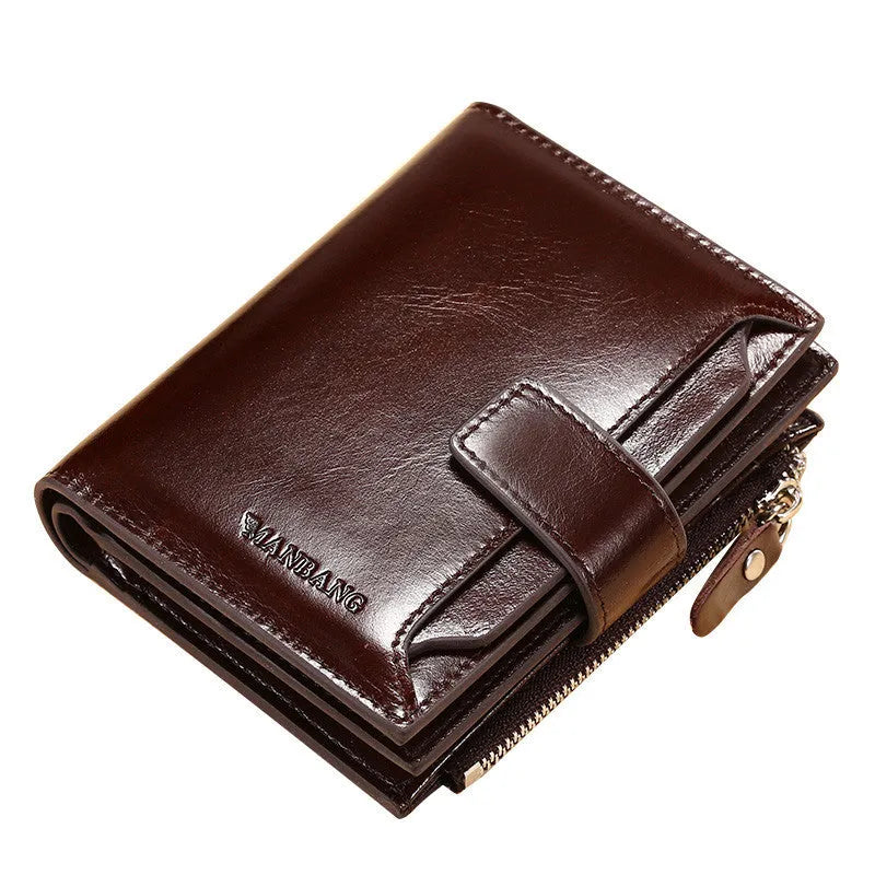Men's brown first layer cowhide leather wallet, 12.5 x 9.5 x 1.5 cm, lock opening, square vertical card holder.