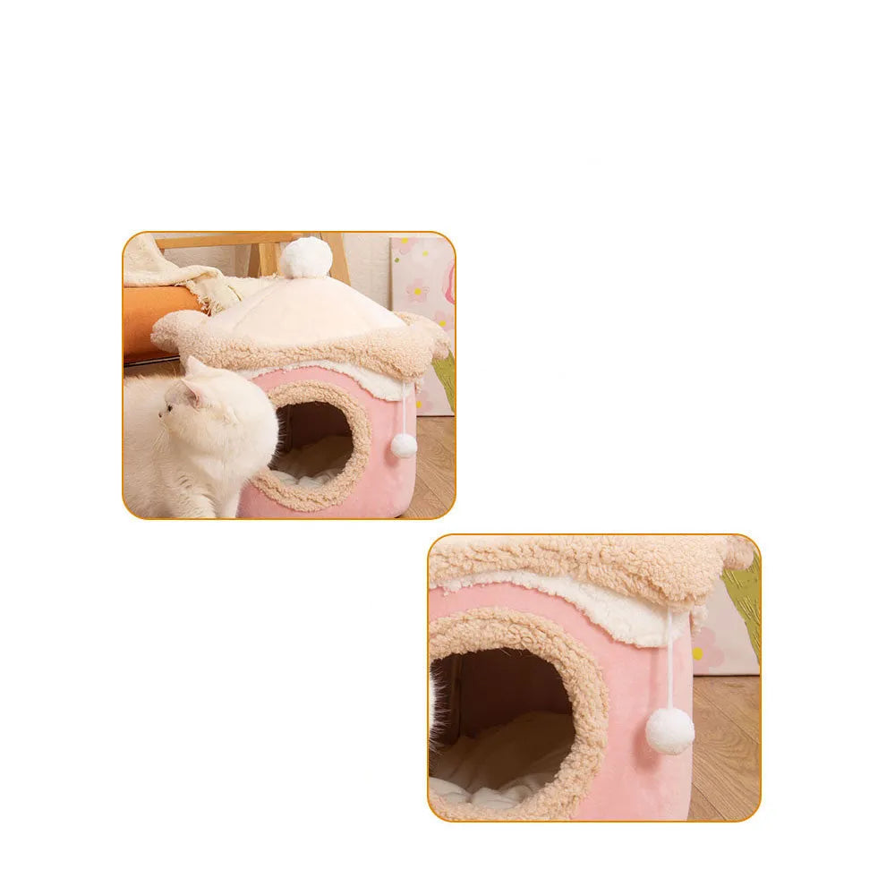 Ice cream house shaped dog pet house in pink with crystal velvet and pulled plush, M size 40×40 cm