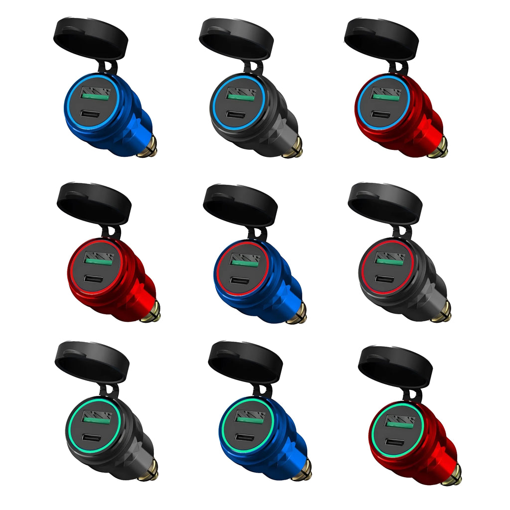 Black European DIN USB car charger with dual ports, blue light, 54W output, for 12-24V vehicles