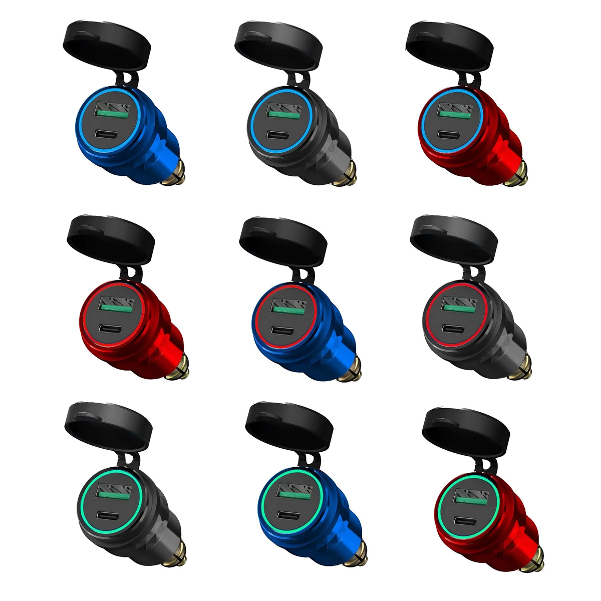 Black European DIN USB car charger with dual ports, blue light, 54W output, for 12-24V vehicles