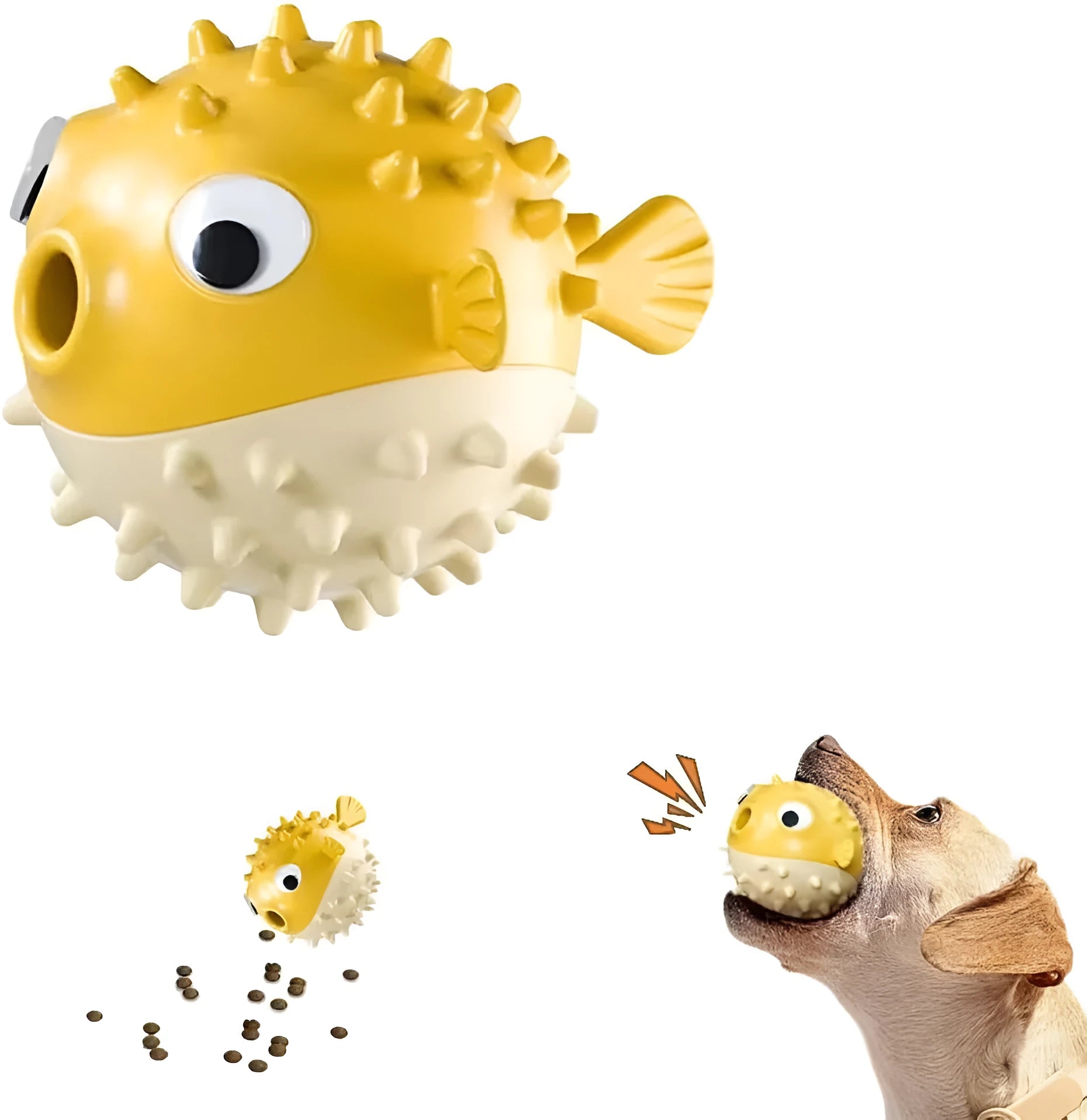 Green fish-shaped interactive dog toy with treat hole and textured surface.