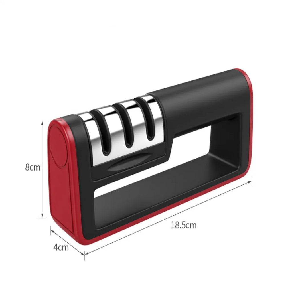 Black and red professional three-stage diamond knife sharpener on a kitchen countertop