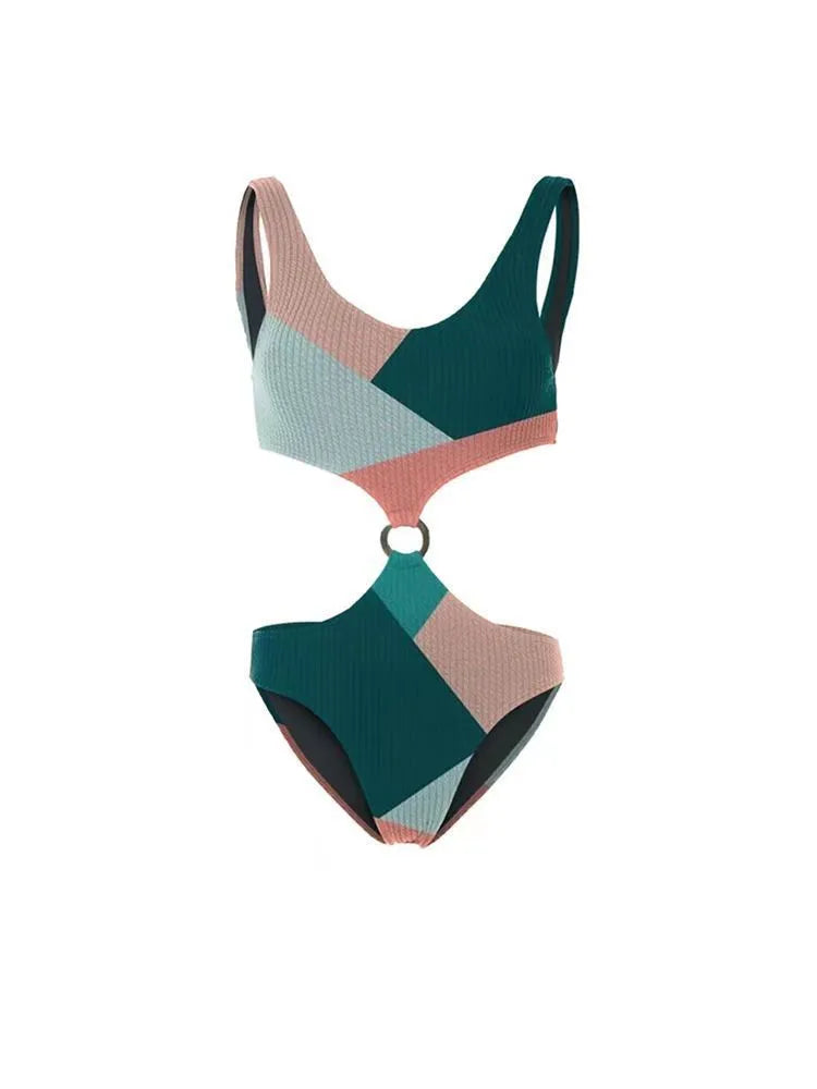 Contrast colour bikini two-piece set with mesh gauze skirt for swimming