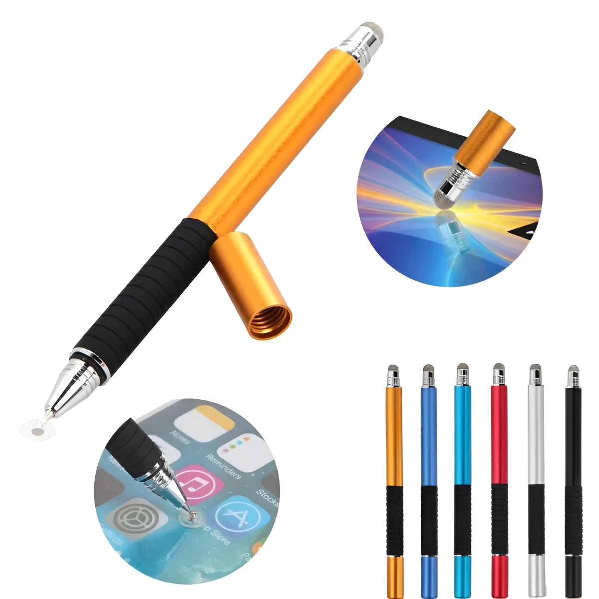2-in-1 capacitive stylus pen with conductive cloth head and suction cup disc in aluminium barrel, 132mm length, multiple colours