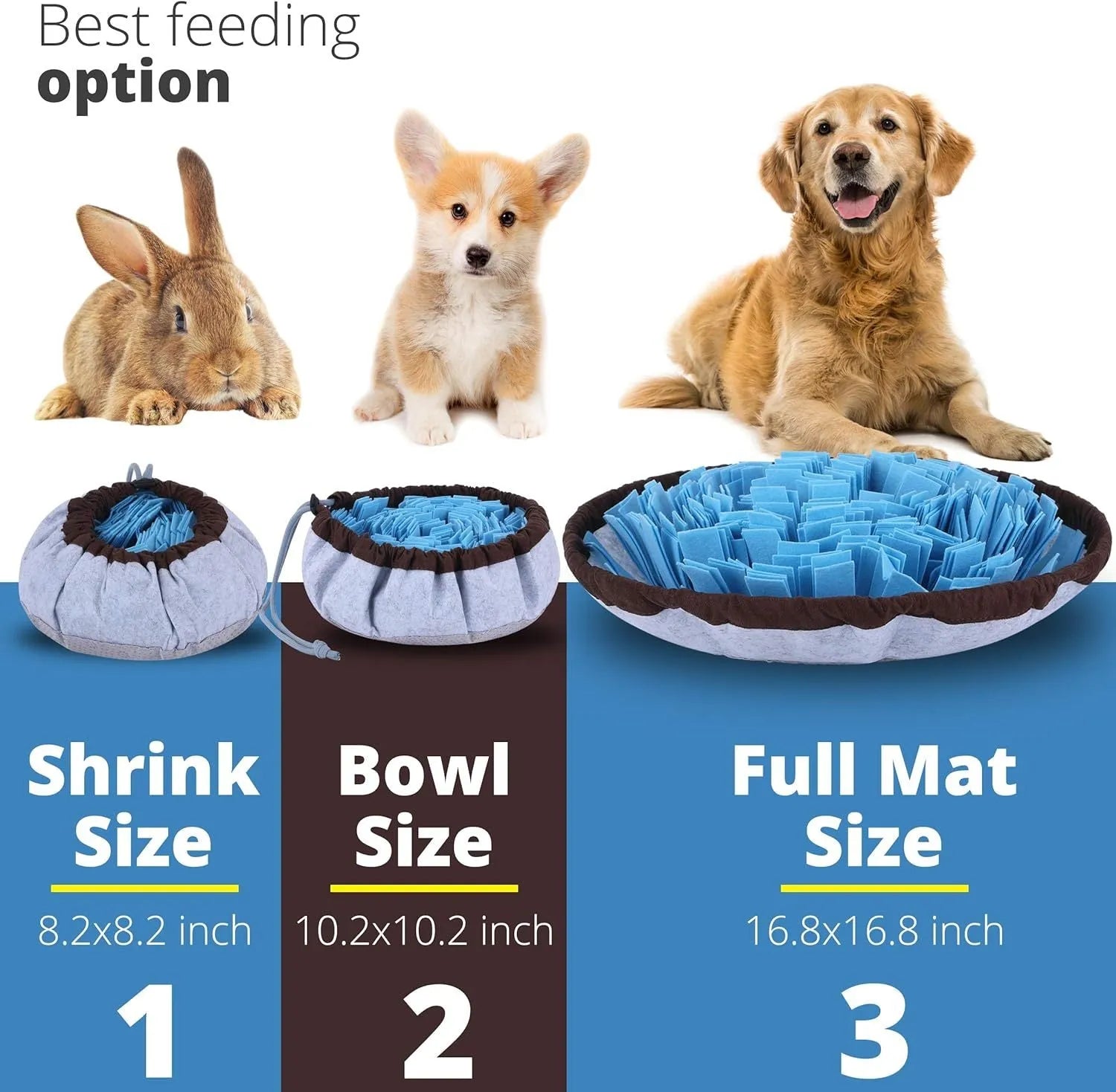 Blue and green adjustable fabric snuffle mat for dogs used as a slow feeder puzzle toy.