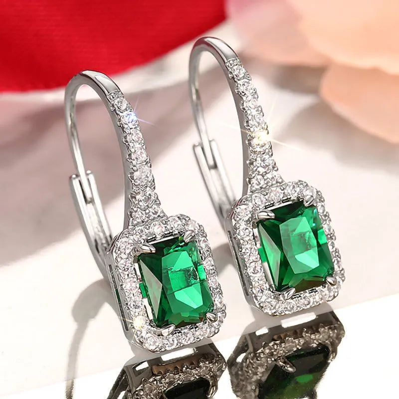 Shiny white gold geometric copper earrings with inlaid zirconium ring and quadrilateral design