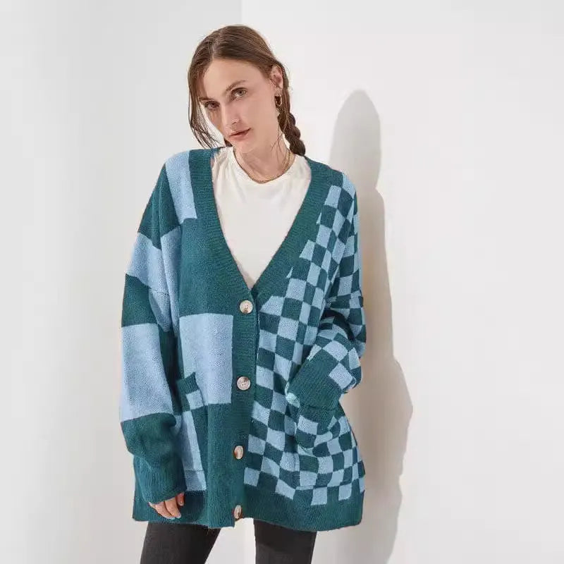 Loose fit printed checks cardigan knitwear in wine red colour with regular sleeves
