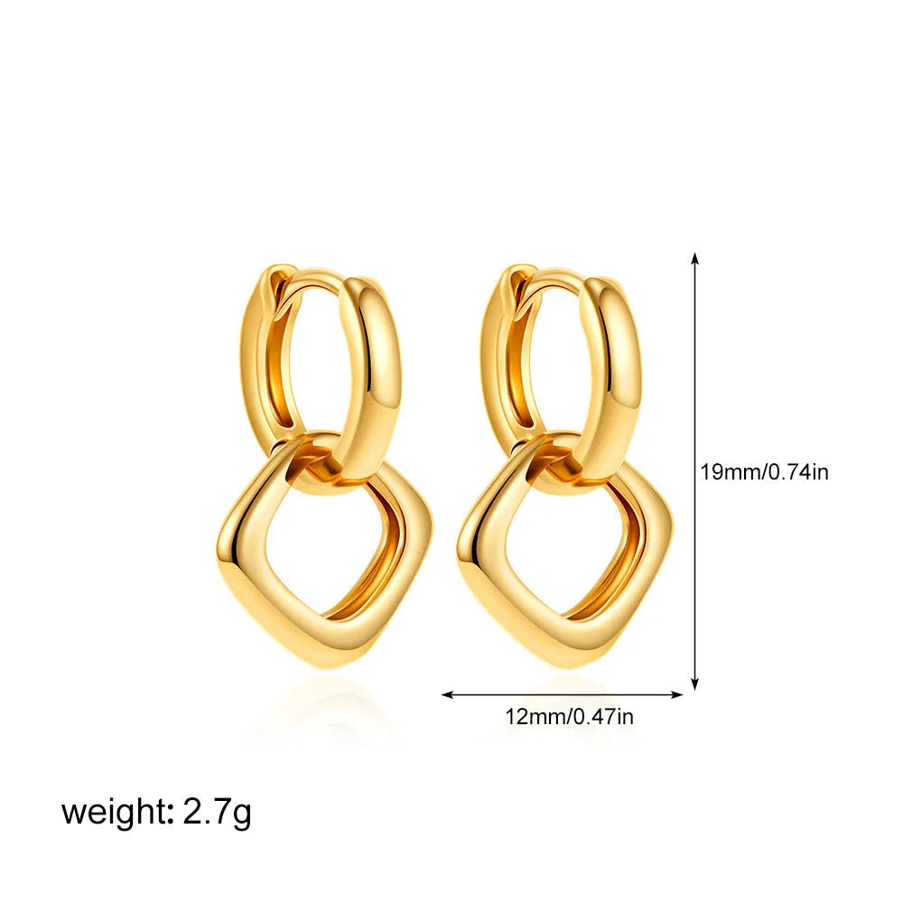 Double ring twist geometric square ear clip simple copper earrings on a neutral background