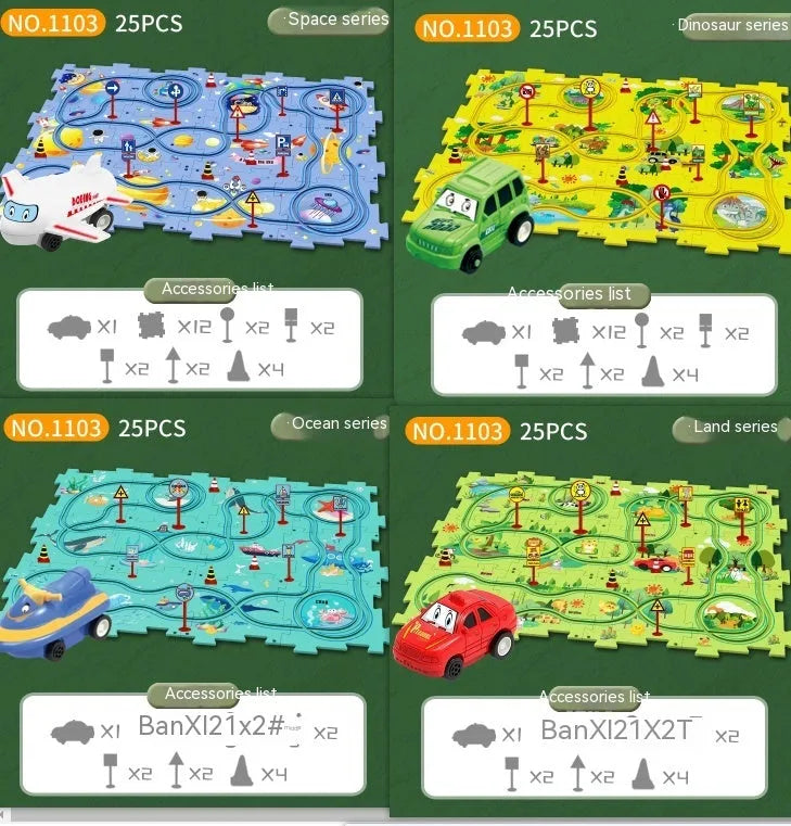 Children puzzle electric railroad speeder with DIY assembly track and automatic car, dinosaur theme