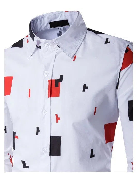 Mens casual long sleeve white cotton button-down shirt on hanger, front view