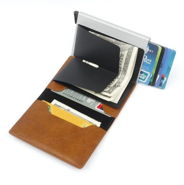 PU automatic card holder with RFID blocking, aluminium alloy metal texture, slim 95mm design in brown