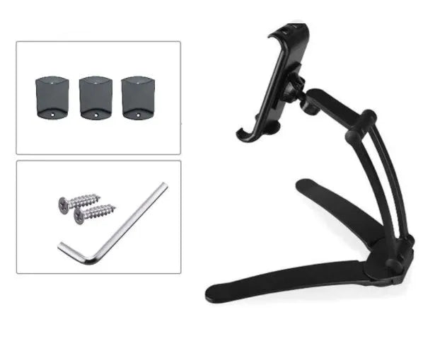 Silver aluminium alloy desktop tablet stand with adjustable clips and 360-degree rotation on a white mount.