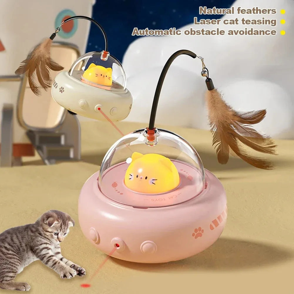 Electric UFO cat teaser toy with bell and replaceable feather in Milk Coffee colour