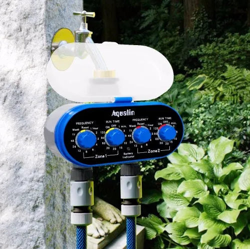 Dual timed irrigation controller for automatic garden watering with battery compartment and hose connections