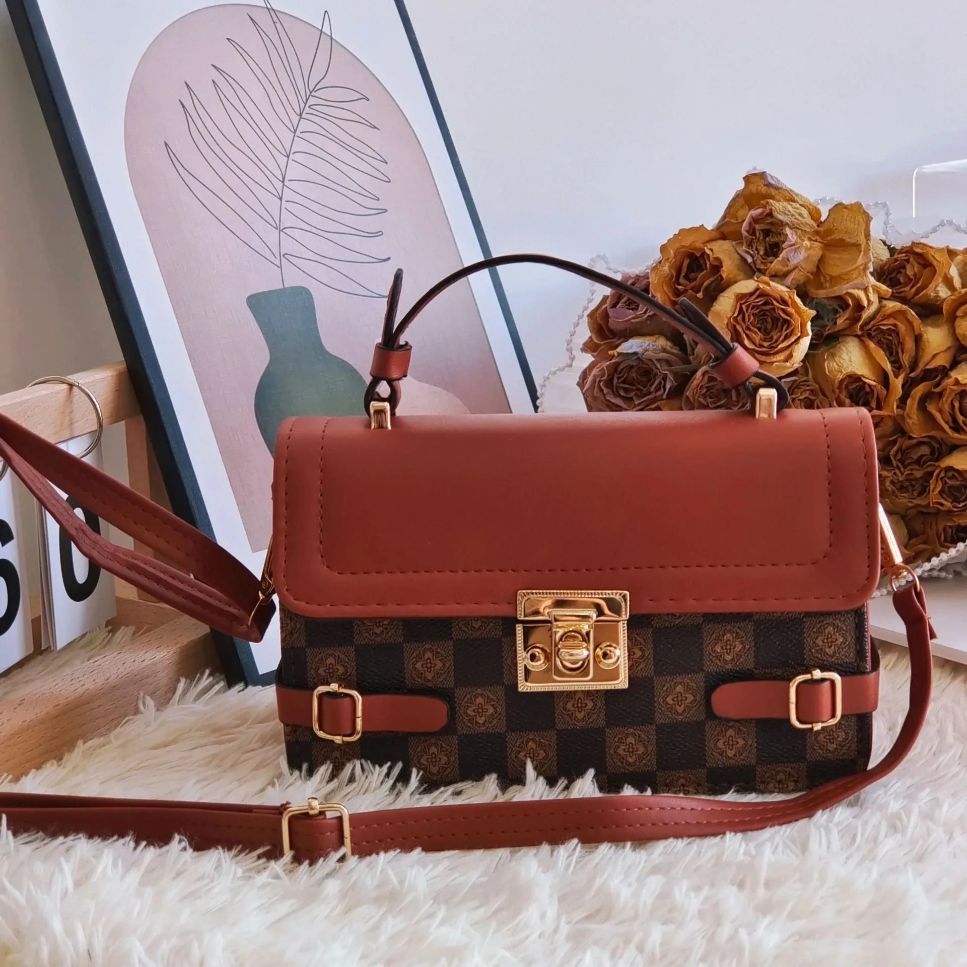 Retro ethnic pattern square crossbody bag in PU shown in apricot colour, featuring floral and plaid details.