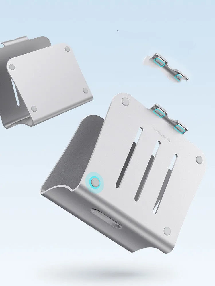 Aluminium laptop cooling stand in grey with rotary hinge for angle adjustment on a wooden desk
