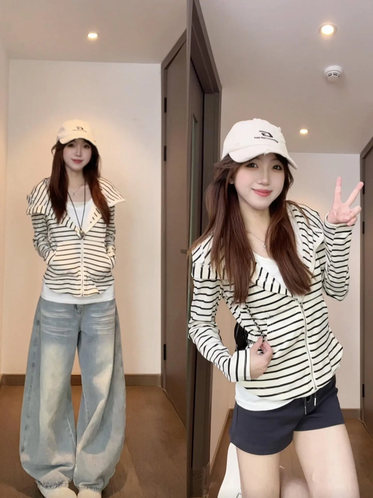 Women's striped hoodie coat with drawstring style and regular sleeve