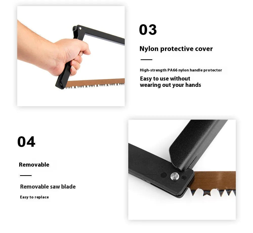 Black foldable outdoor saw with aluminium frame and nylon handle, blade folded for storage.