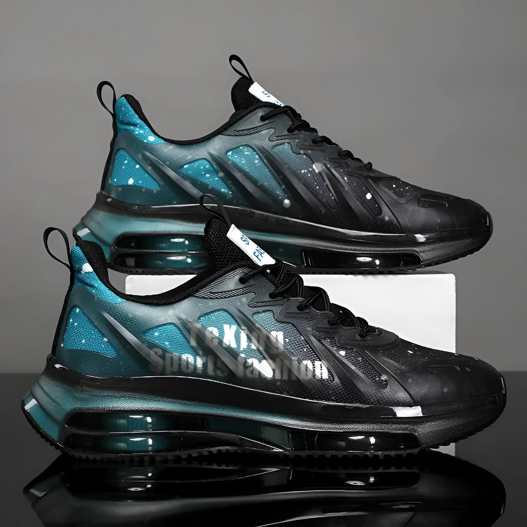Men's black and green casual running shoes with mesh uppers, a platform sole, and round toe.