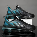 Men's black and green casual running shoes with mesh uppers, a platform sole, and round toe.