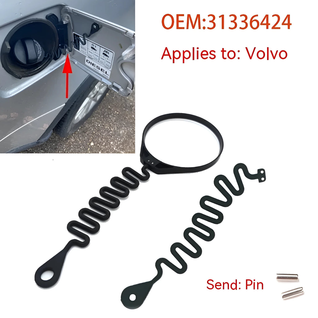 Black rubber Volvo fuel cap tether showing circle band and separate rope anti-lost designs