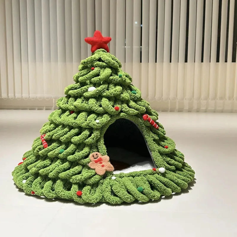 Grey handmade felt cone-shaped cat house with Christmas theme, showing enclosed tent-style design.