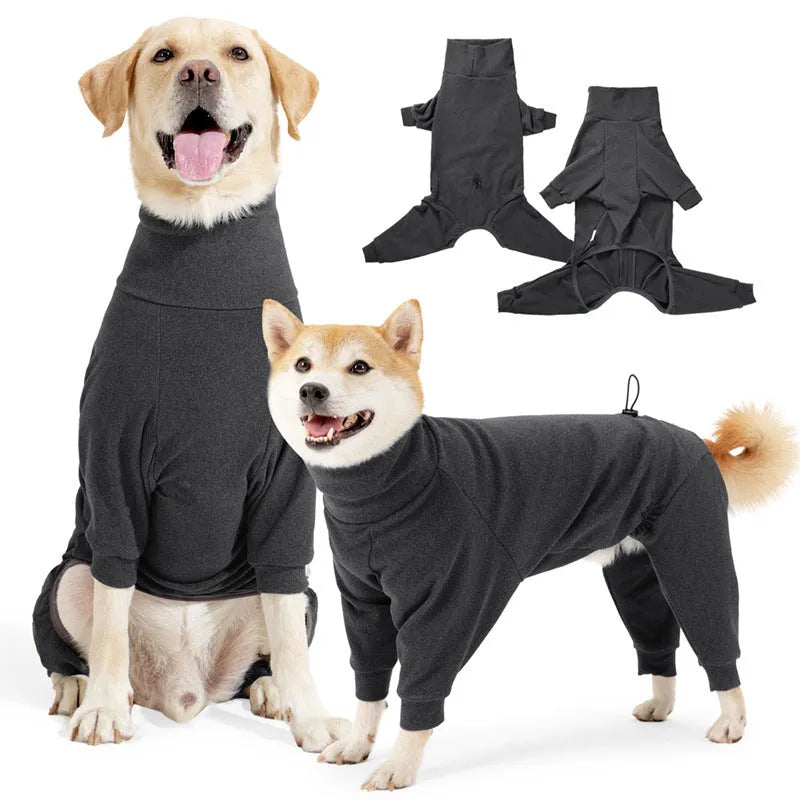 Four-legged polar fleece dog coat with high collar in dark grey colour