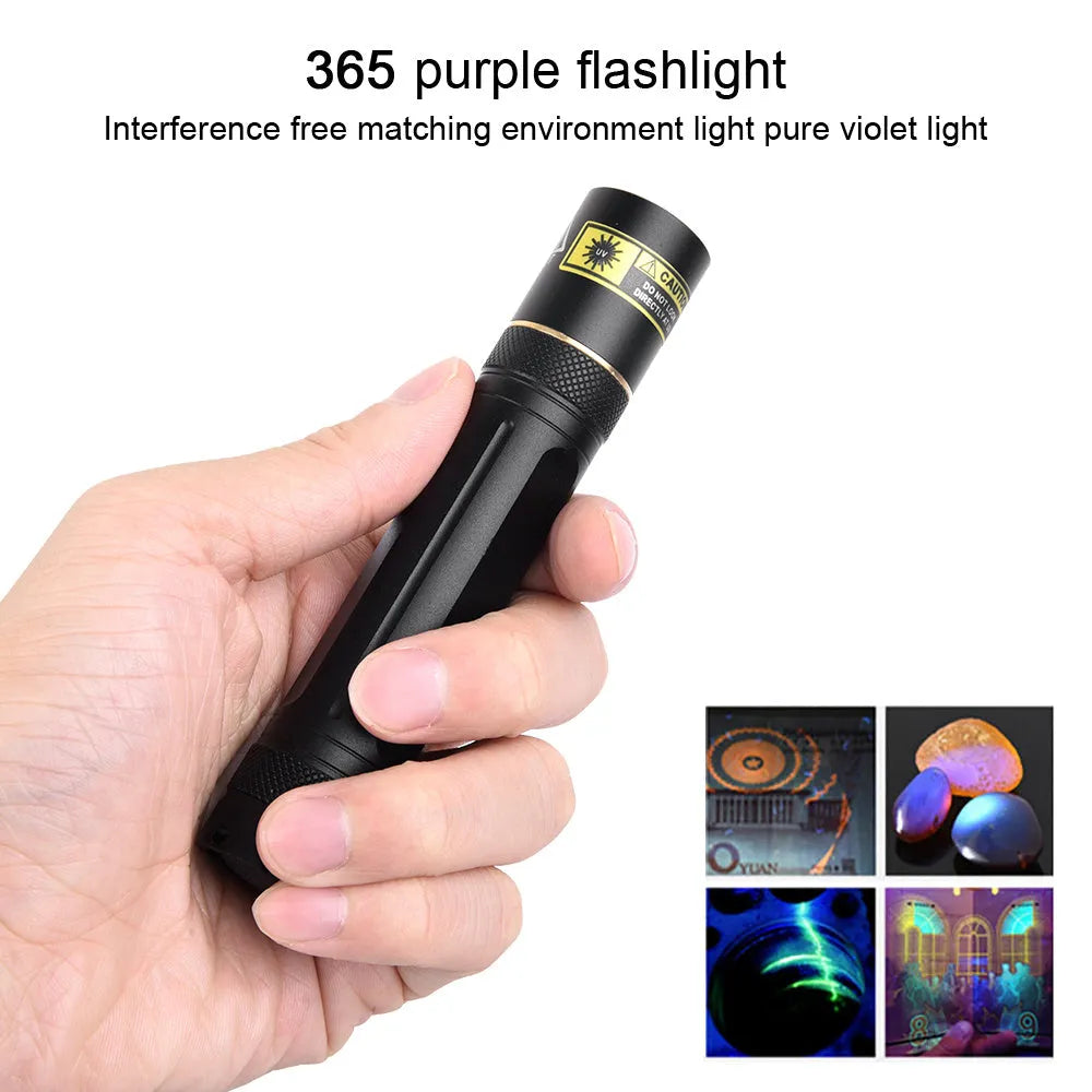 365nm UV fluorescence detection flashlight with aluminium alloy housing and 18650 battery options