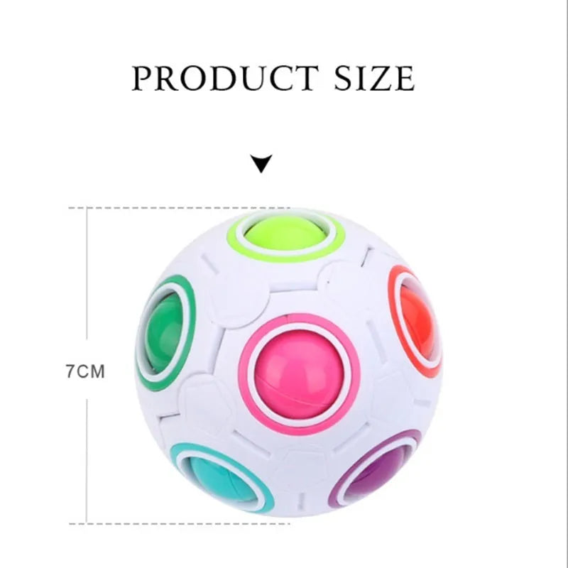 Rainbow coloured ball puzzle toy with multiple holes showing movable coloured balls inside plastic sphere