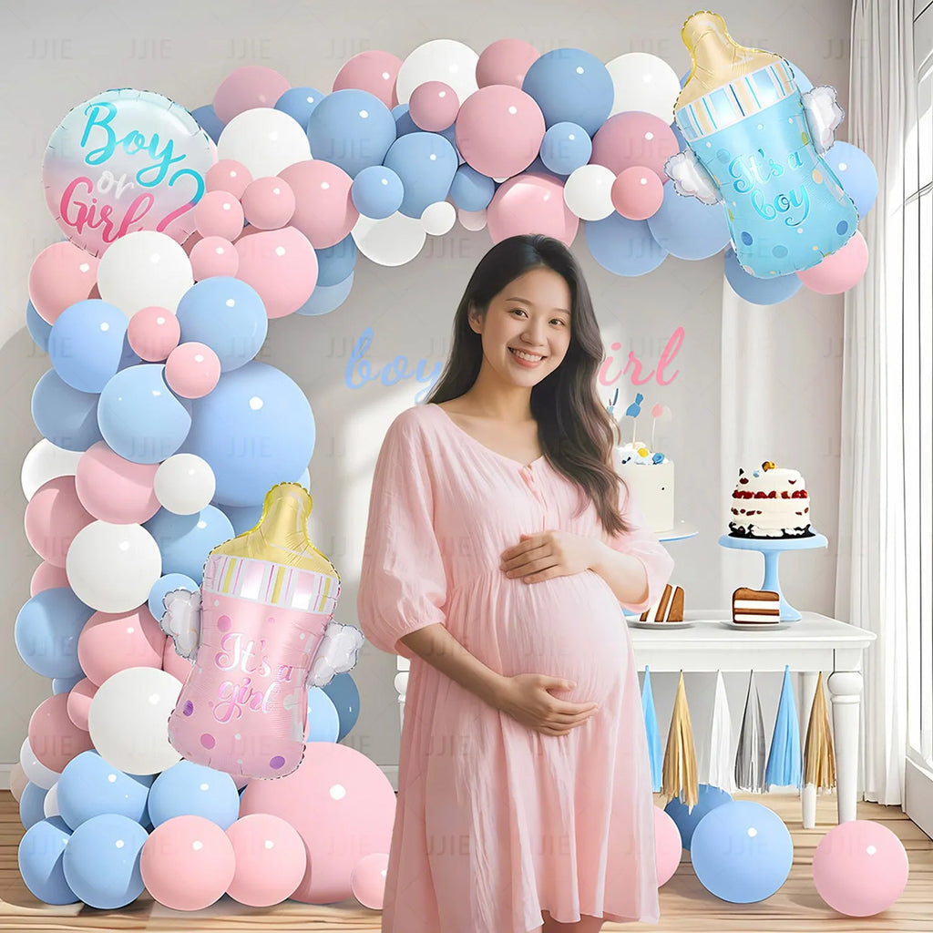 Baby gender reveal balloon decoration kit with aluminium foil balloons in blue and pink, including bottles, ribbon, and tape