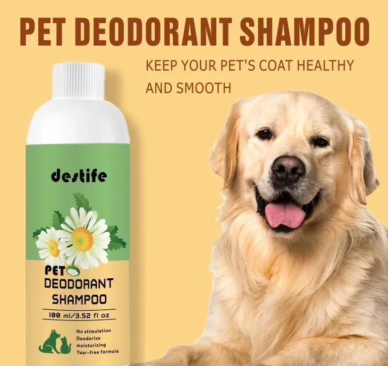 100ml bottle of pet shampoo and shower gel for dogs and cats with fragrance and deodorising formula