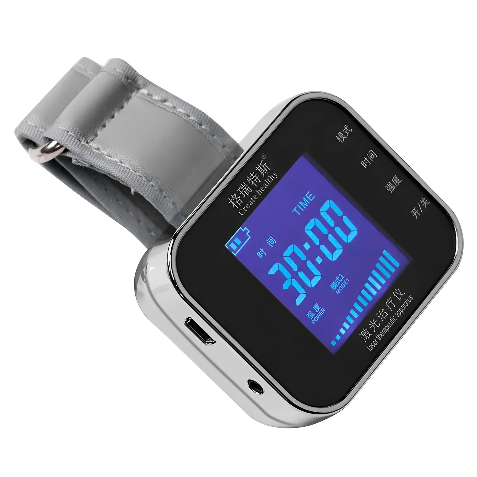 Wrist-mounted light wave meter therapy device with laser emitter for hand treatment.