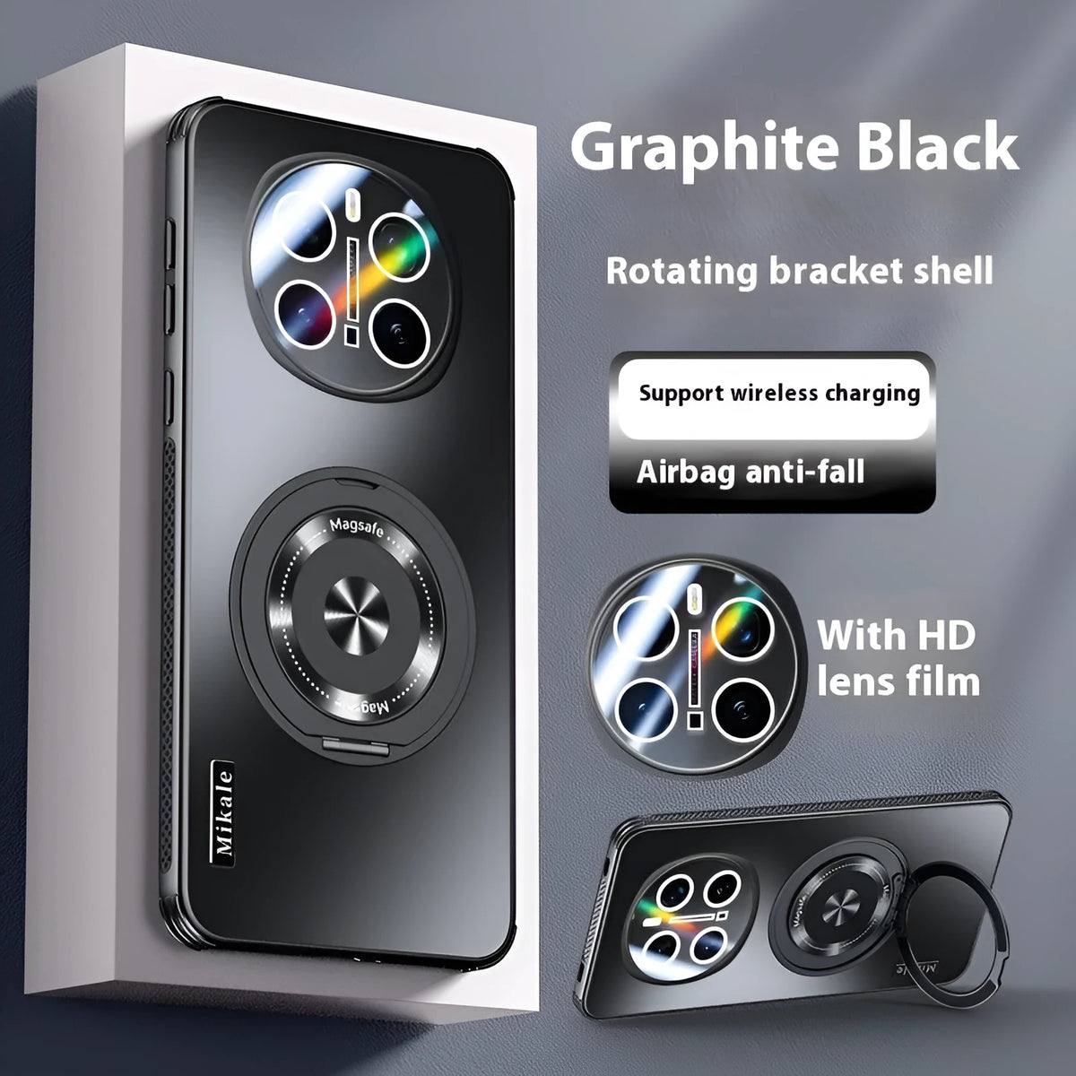 Cooling all-inclusive lens magnetic suction rotating bracket phone case in graphite black for Honor and Huawei models