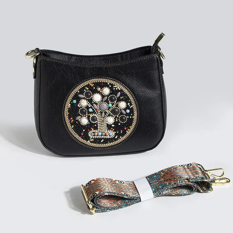 Straw bead turquoise ethnic style tote bucket crossbody bag for women with PU lining