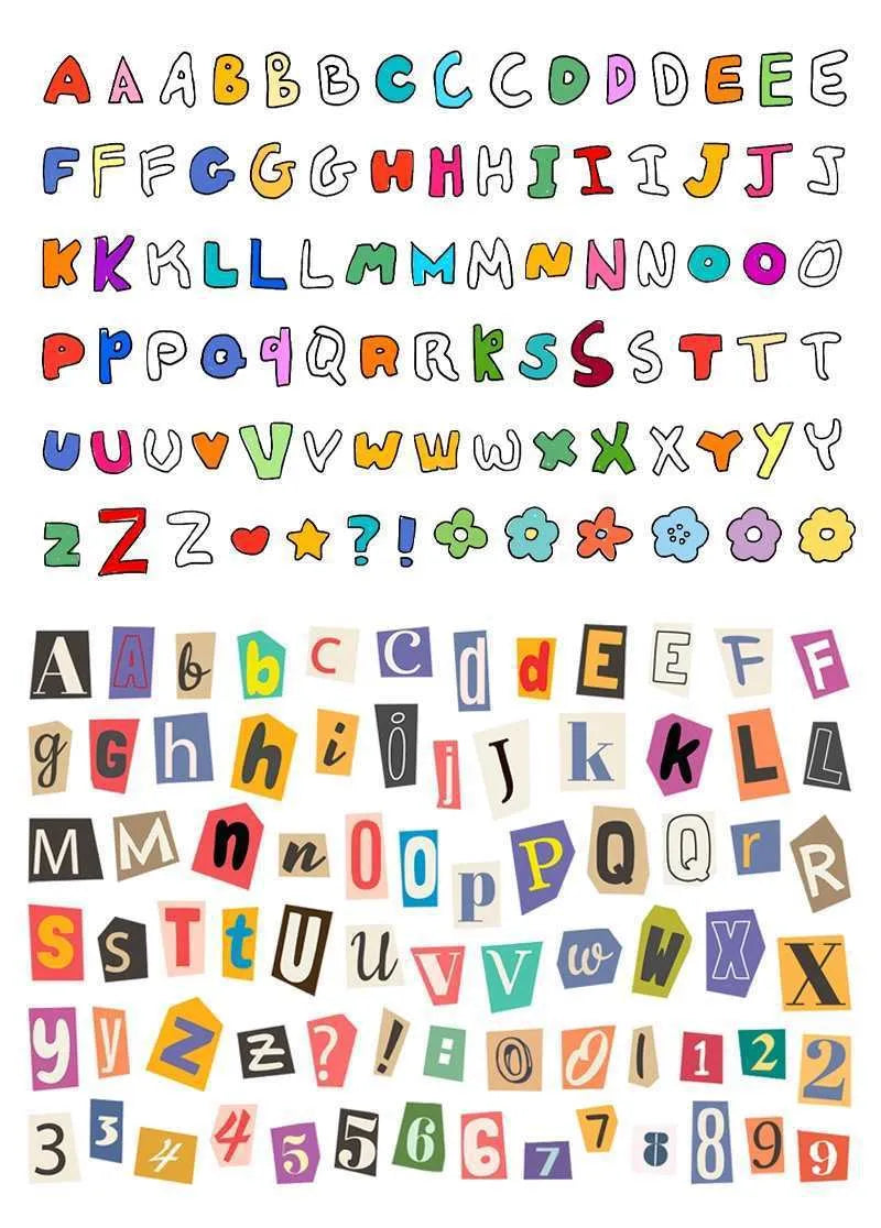 English letters and numbers symbol label sticker sheets showing alphabet sets and week words for decoration