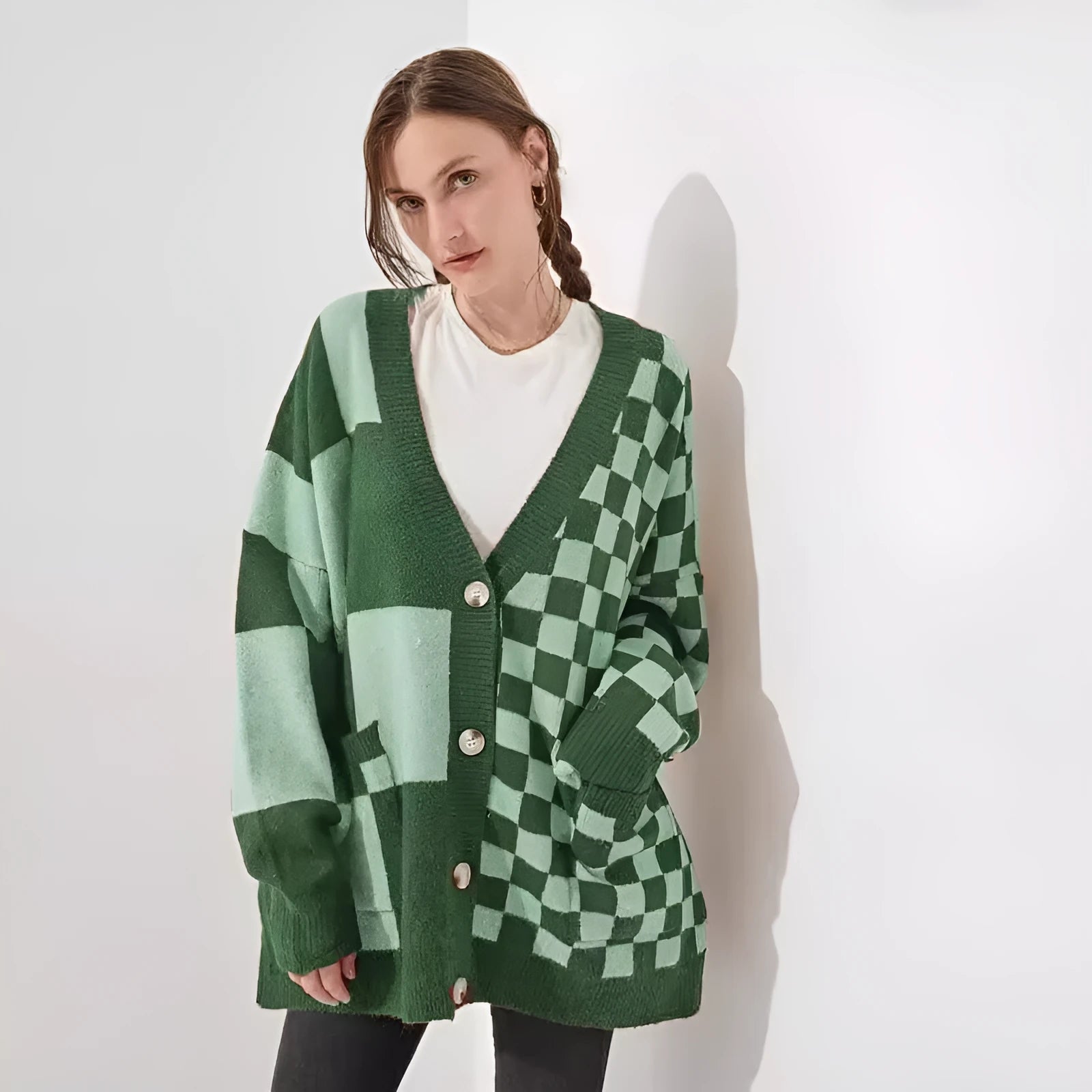 Loose fit printed checks cardigan knitwear in wine red colour with regular sleeves