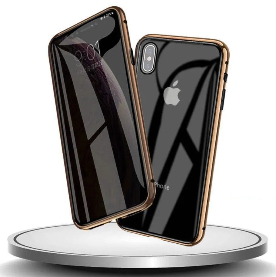 Closed clamshell anti-spy iPhone case in black showing tempered glass back and metallic Faraday cage interior.