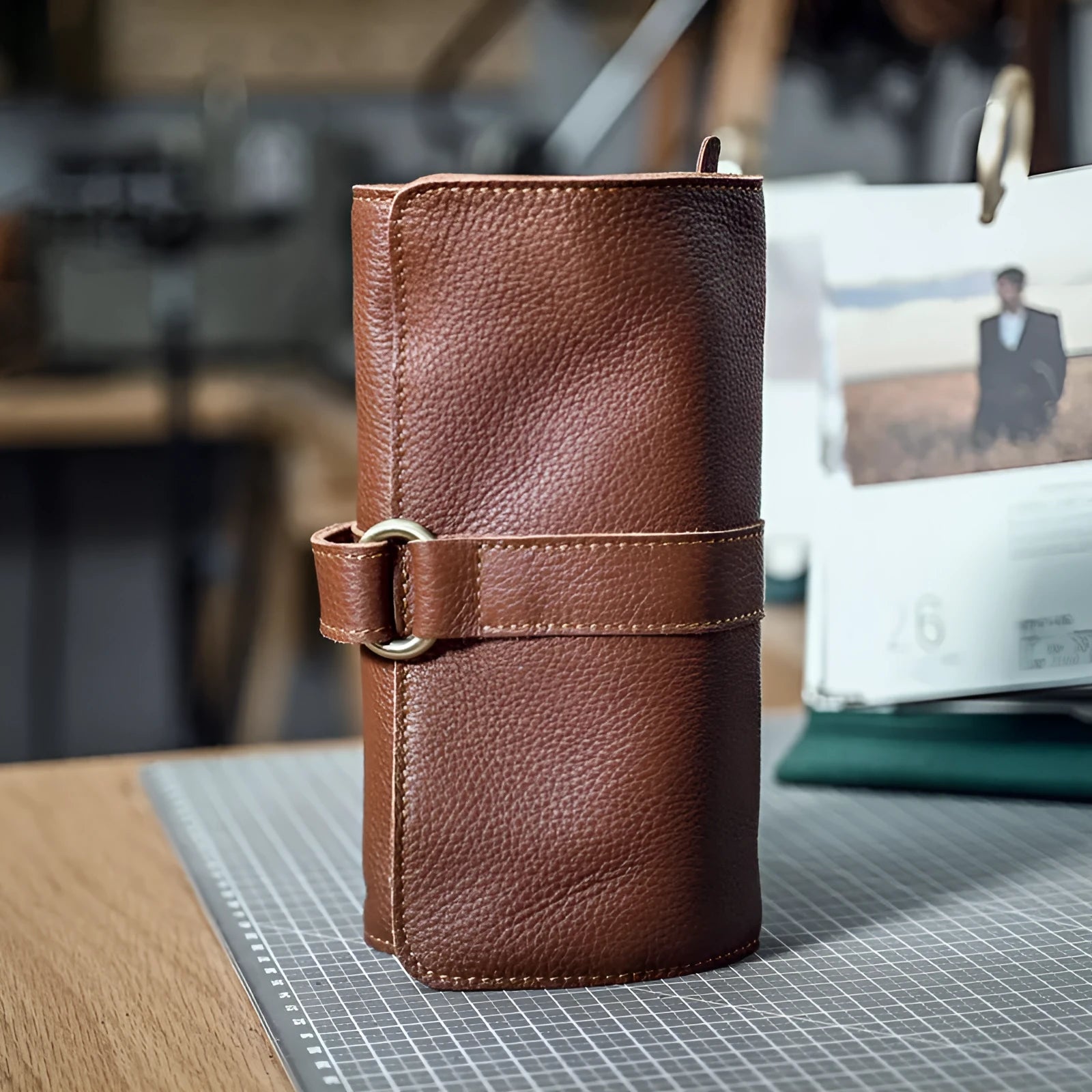 Handmade dark brown cow leather vintage bifold wallet with magnetic closure, shown open and closed.