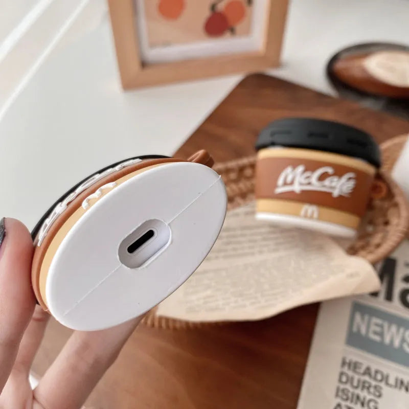 Brown silicone coffee cup shaped earphone case for AirPods 1/2 covering the charging case