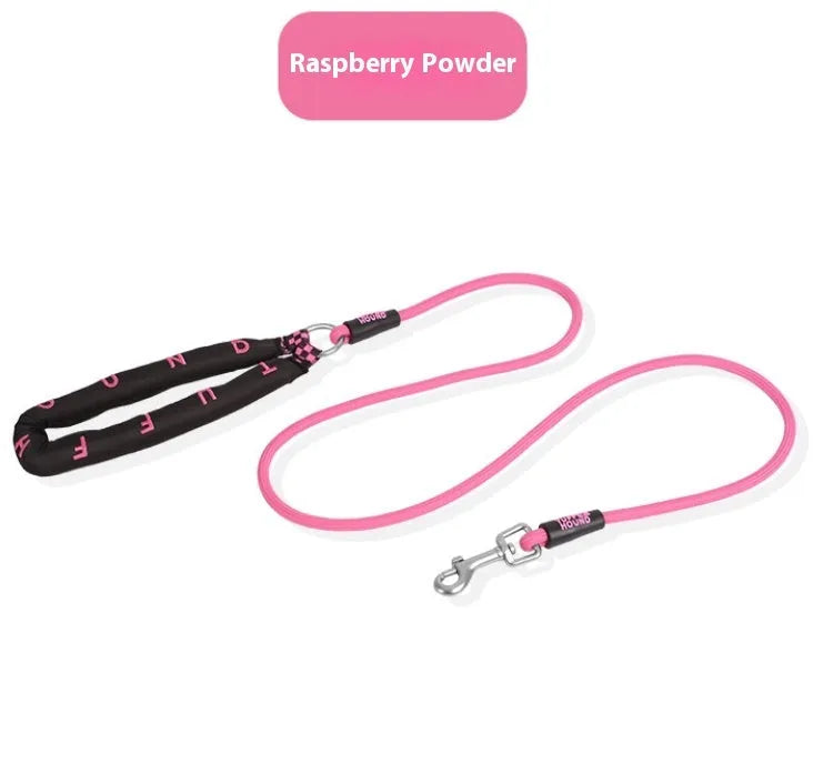 Polyester dog leash with hand holding rope in pink, green, purple, or raspberry powder colours