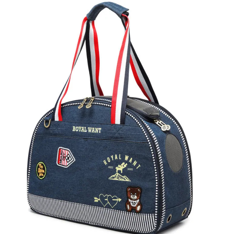 Blue denim pet bag with Japanese cartoon pattern for small dogs and cats