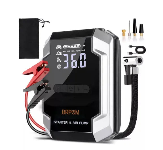 12V car emergency jump starter and tyre inflator with ABS casing and Eva storage bag on a workbench