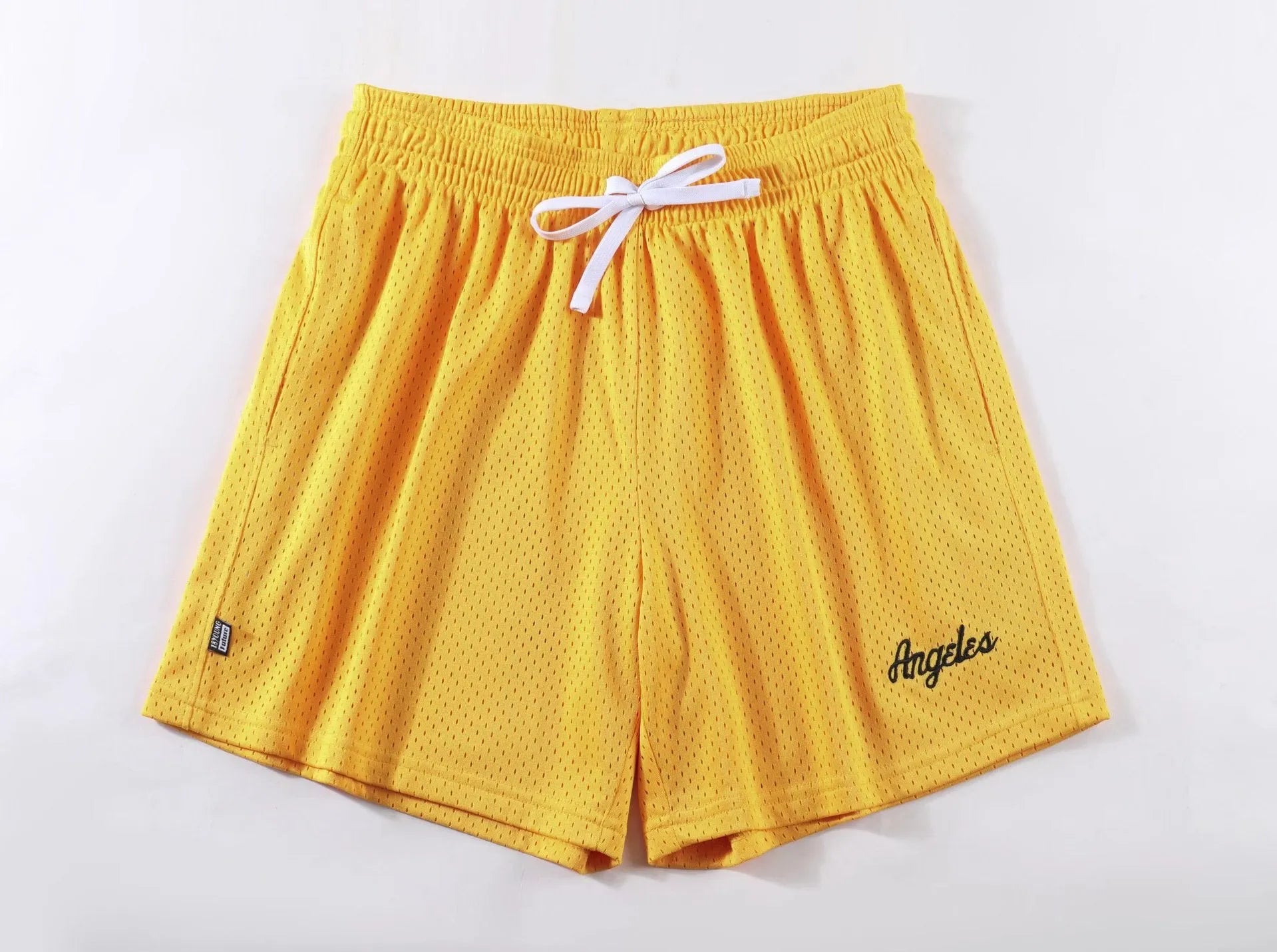 Men's black double-layer mesh shorts for sports and leisure, laid flat.