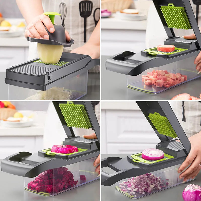 Multi-blade vegetable cutter with wheat straw body and seven stainless steel blades for slicing and dicing on a kitchen counter.