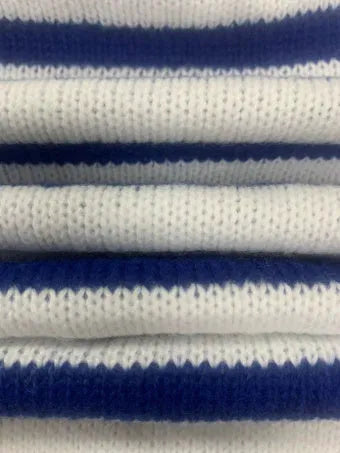 Sapphire Blue striped acrylic pullover sweater with round neck and long sleeves on hanger