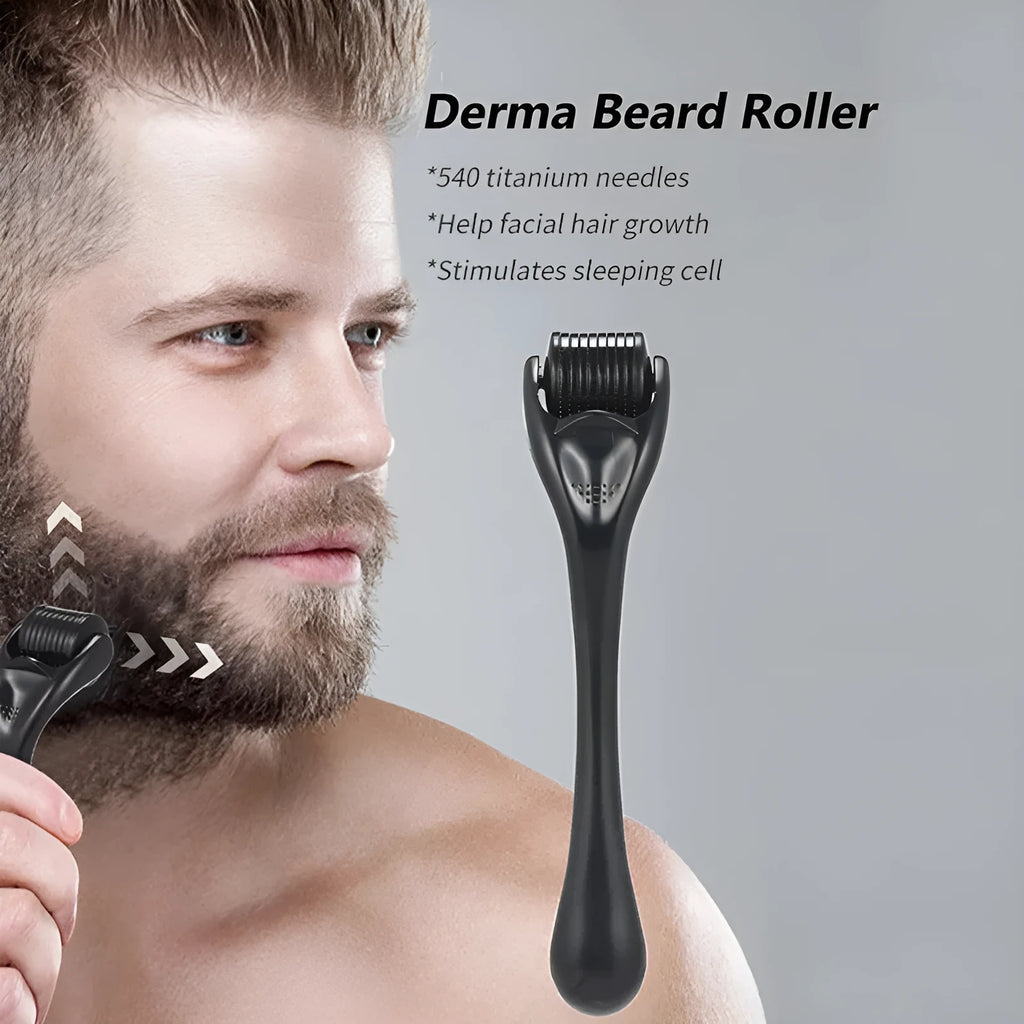 Black derma roller with titanium microneedles for face, beard, scalp and body skincare.