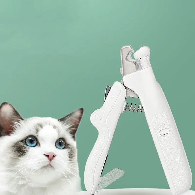Pet nail clipper with LED light, stainless steel blades, nail file, nail collector and non-slip handle in white, pink, green or yellow