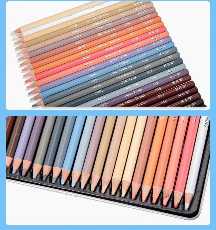Set of 24 skin colour pencils for portrait art in a round iron tin case.