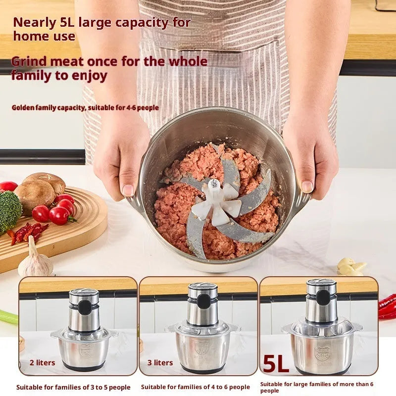 Electric meat grinder with stainless steel body and 3 L glass bowl, button digital display or touch screen