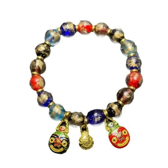 Glass bracelet with French glaze patterns and auspicious court symbols in geometric shapes